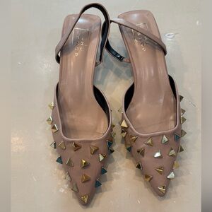 ShuShop Nude Pointed-Toe Slingback Flats with Gold Pyramid Studs